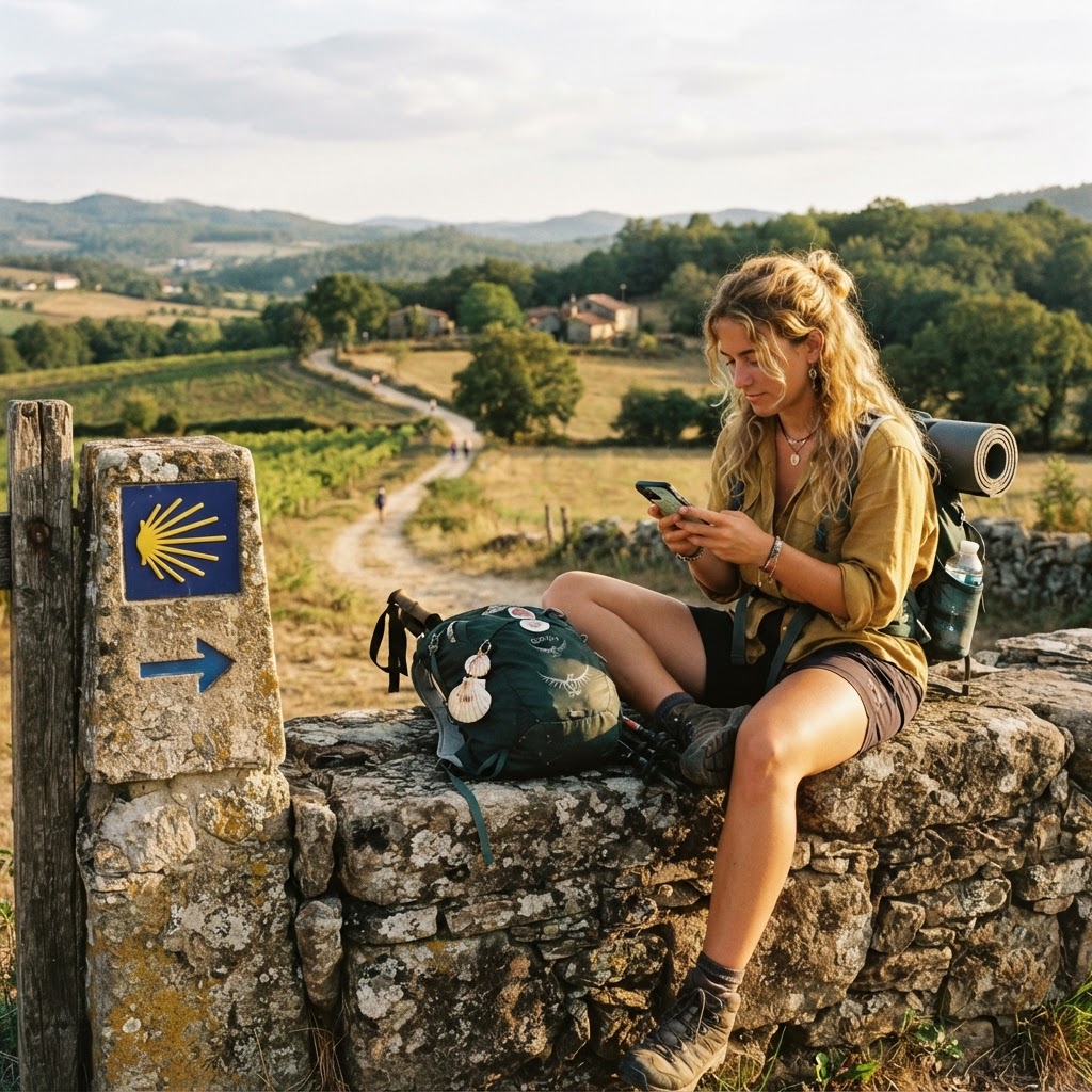 Solo pilgrim checking the map on the Camino
