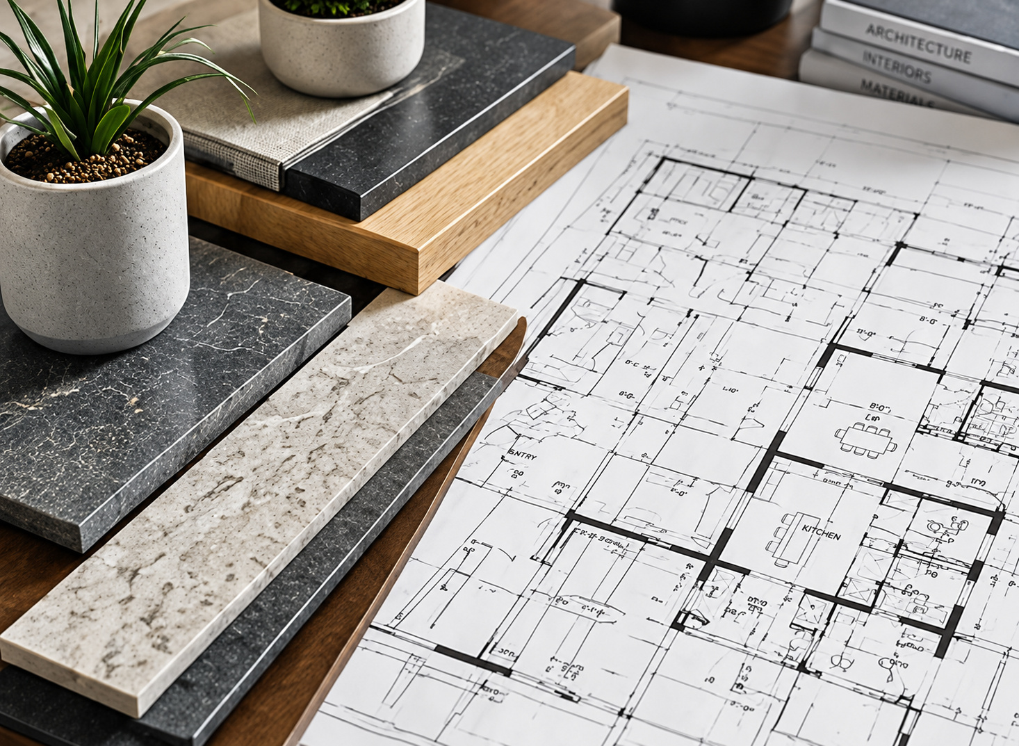 Architectural floor plan with material samples and books