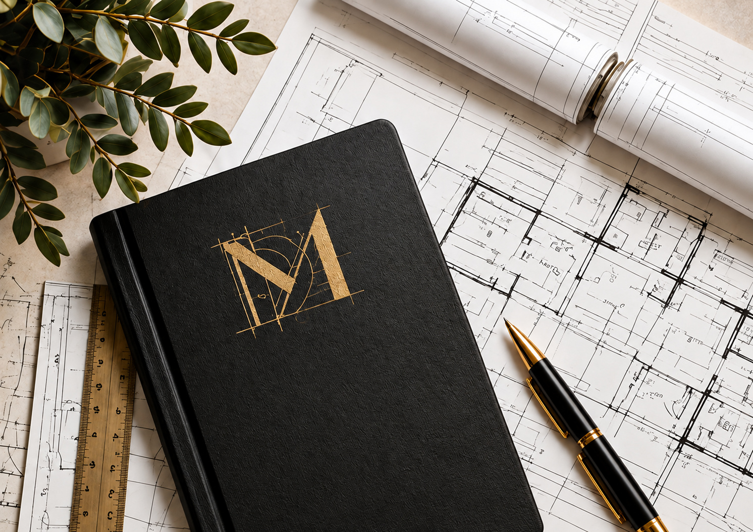 Architect's notebook with gold M logo resting on blueprints