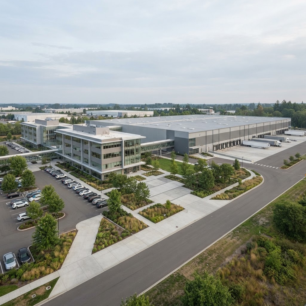 Corporate industrial campus with office and logistics buildings