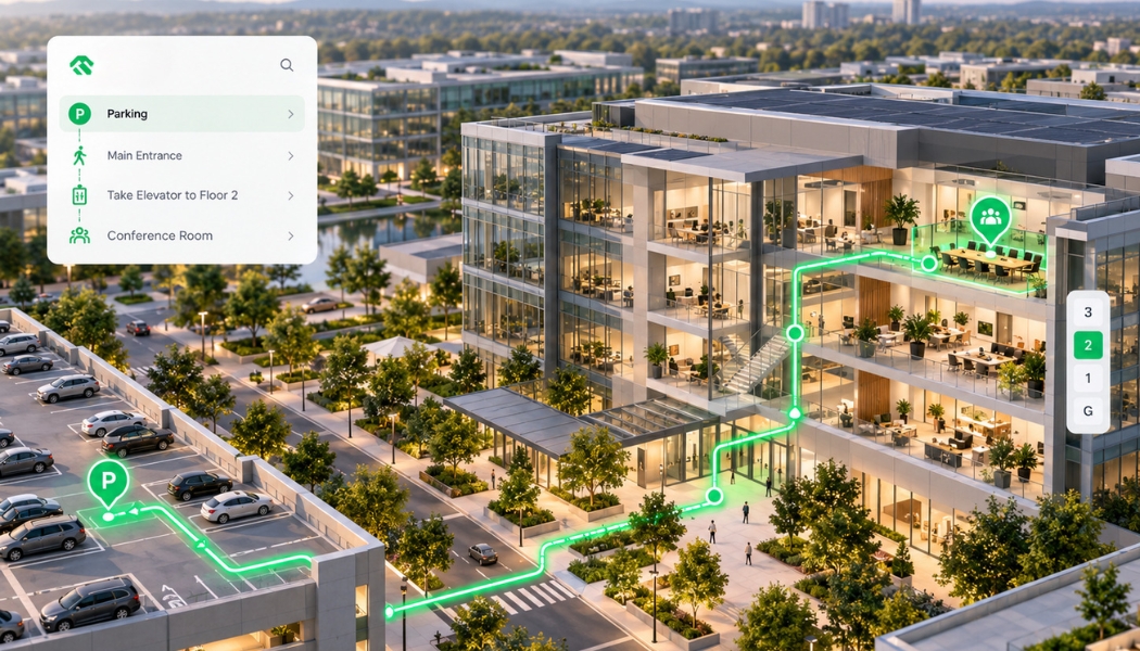 Interactive wayfinding interface showing a 3D campus route from parking through the main entrance to a conference room