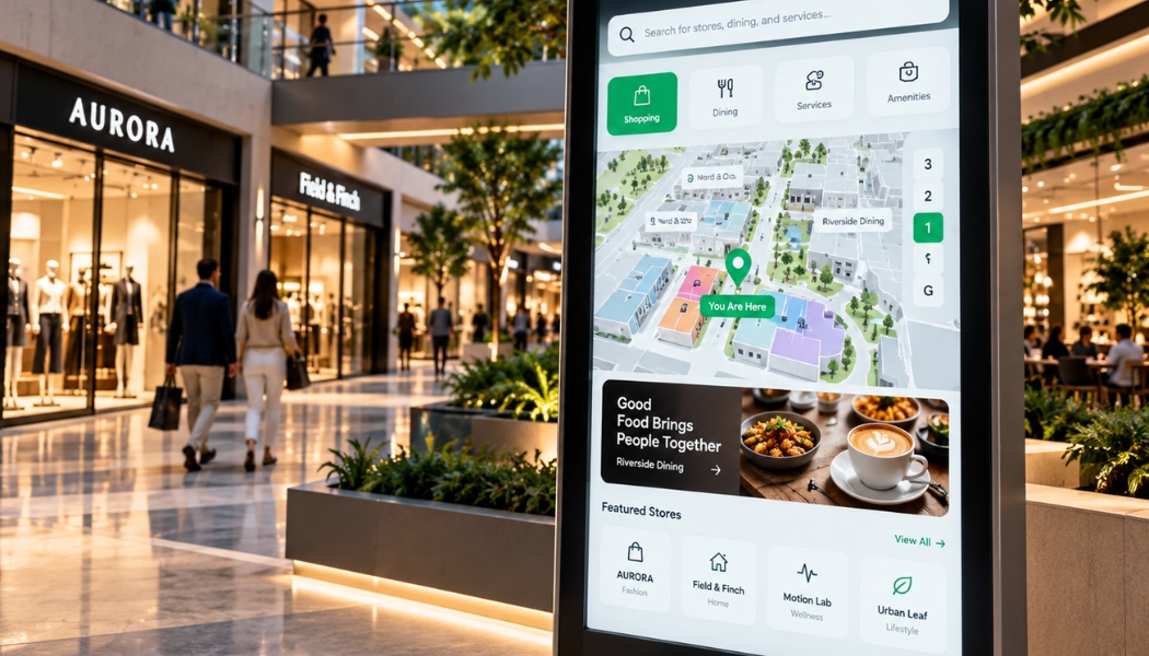 Interactive digital kiosk in a shopping corridor with a 3D mall map, floor selector, tenant directory, and featured stores