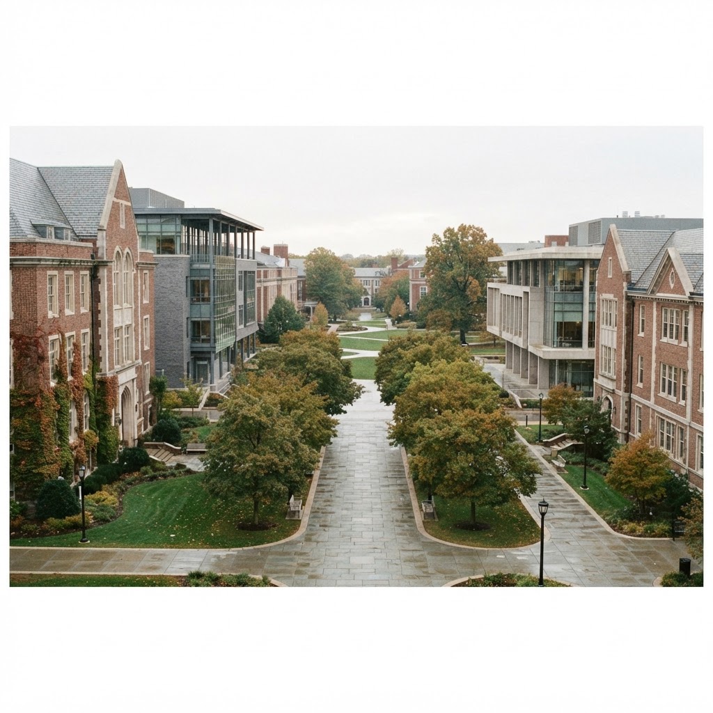 University campus quad with academic buildings