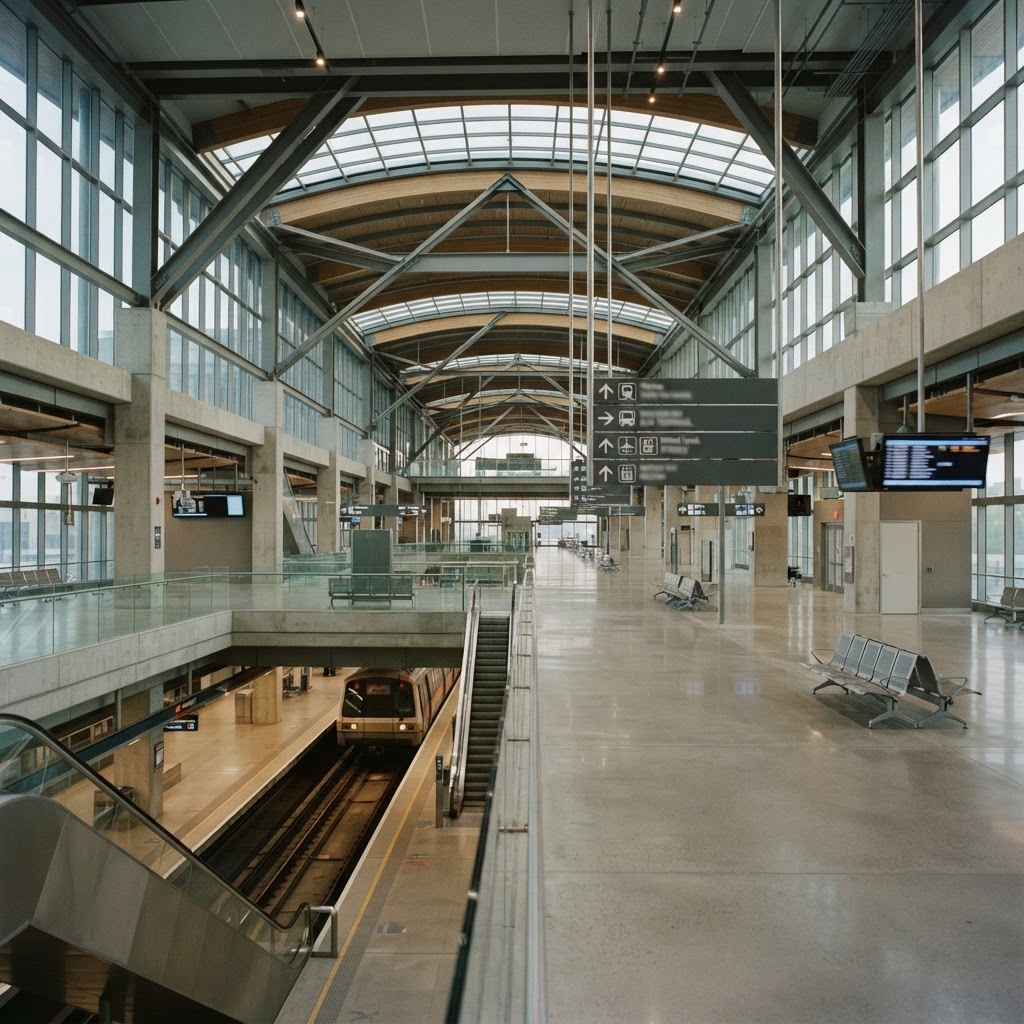 Modern transit hub interior with signage