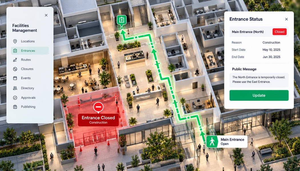 Facilities management interface showing an entrance closure status with an alternate navigation route on a 3D floor plan
