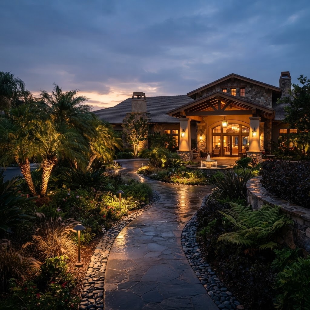 Resort property grounds at dusk