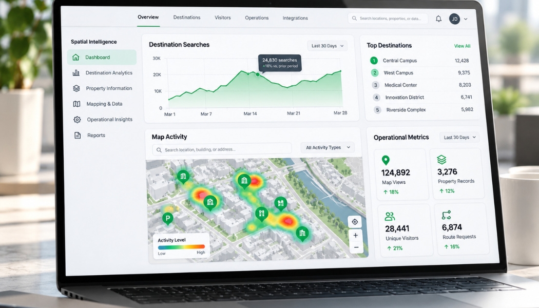 Spatial Intelligence dashboard with destination search trends, top destinations, map activity, and operational metrics