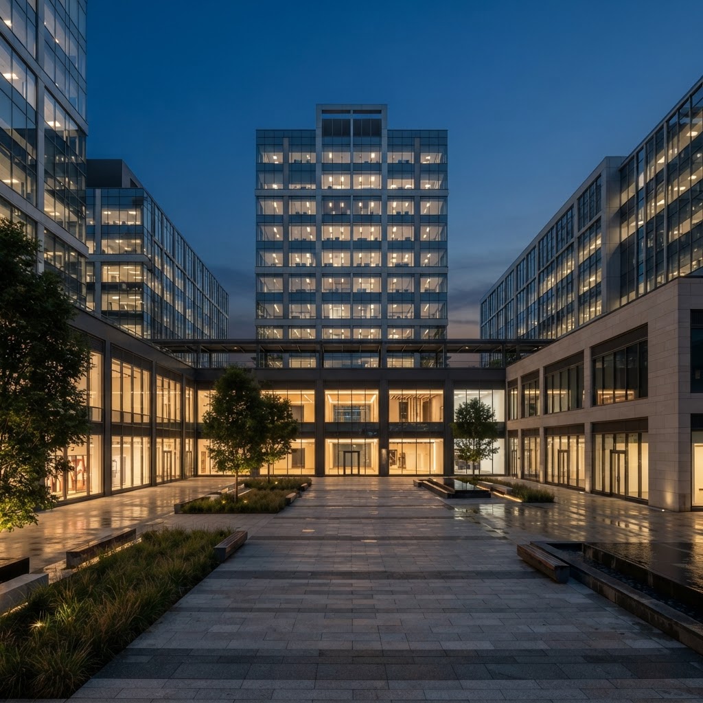 Modern mixed-use development with retail and office space