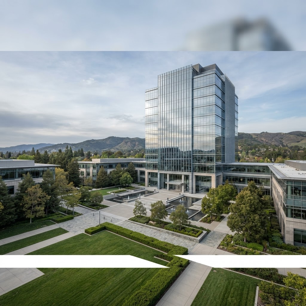 Glass office tower and corporate campus