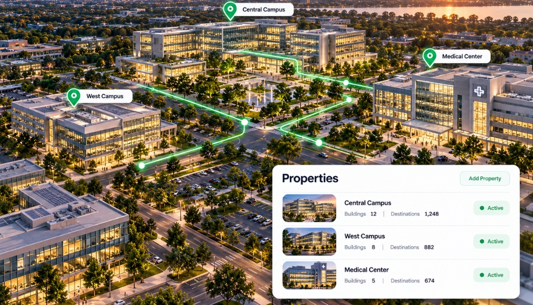 Enterprise properties dashboard overlaying an isometric campus with connected building pins and a multi-property management panel