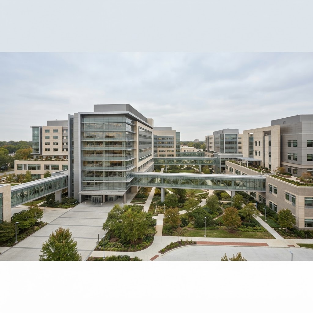 Modern multi-building medical campus with glass walkways