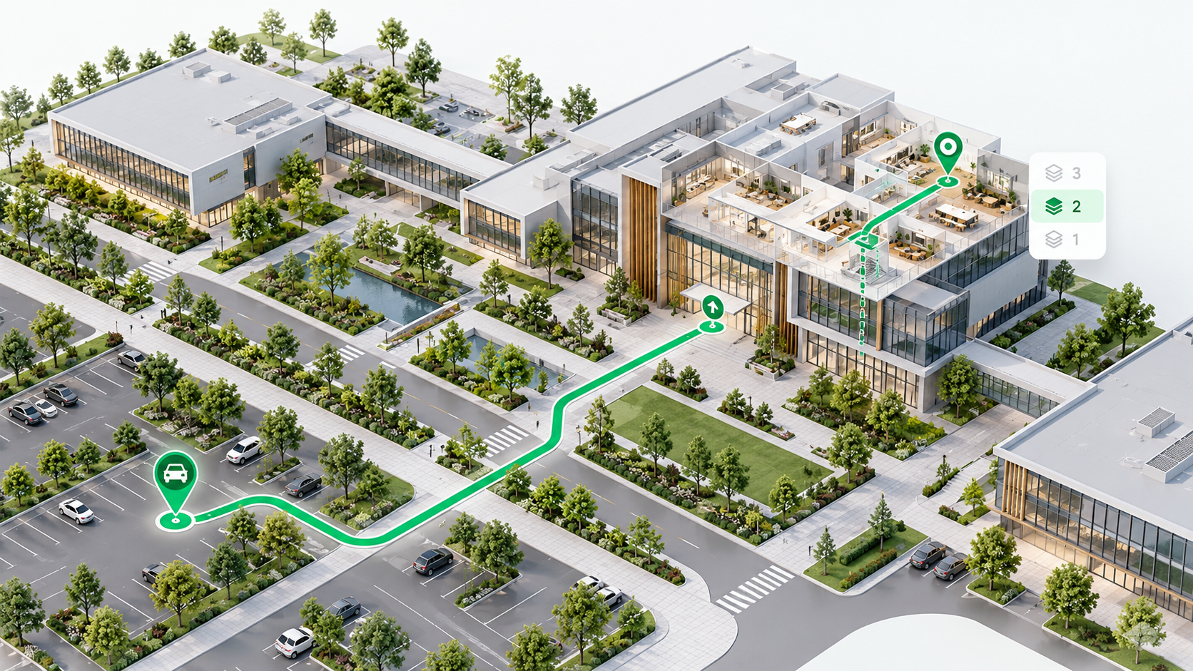 3D representation of a connected multi-building property with parking, entrances, and an indoor floor