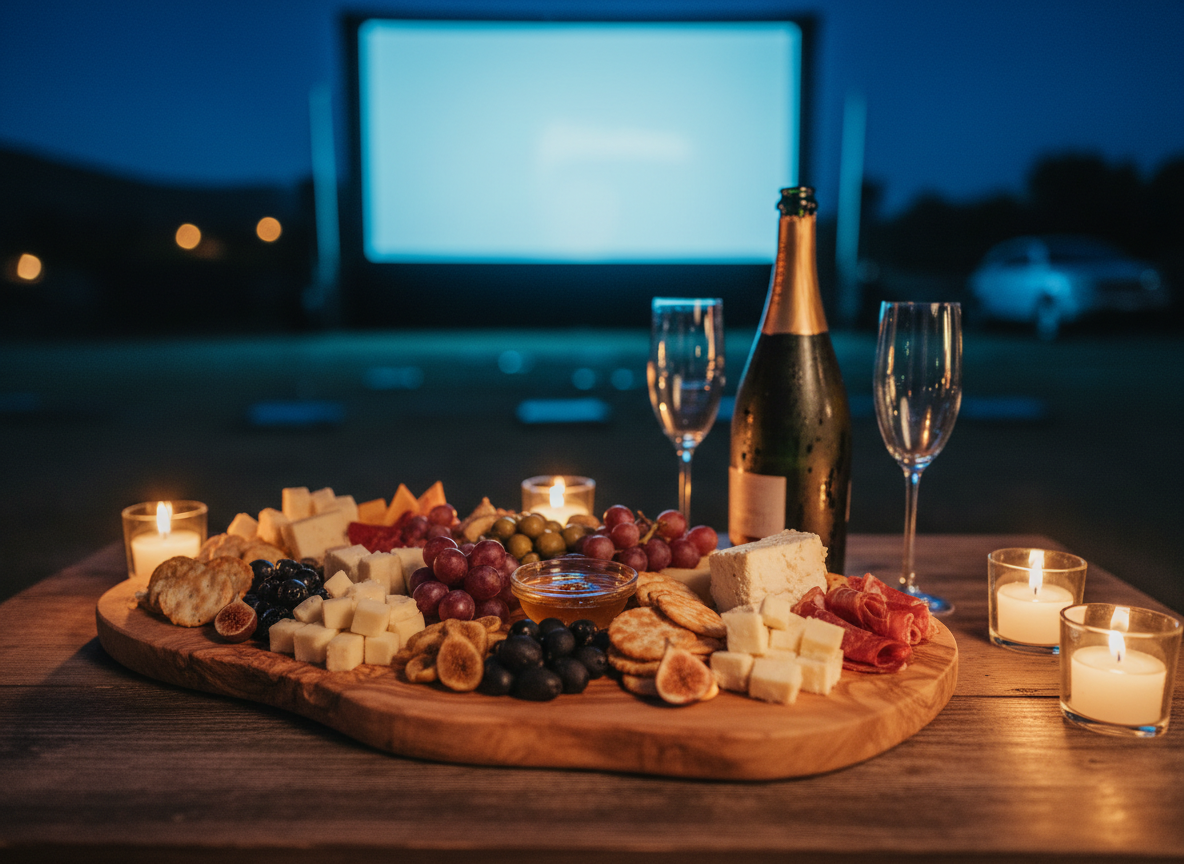 Grazing board with Cretan cheese, prosecco and grapes by candlelight