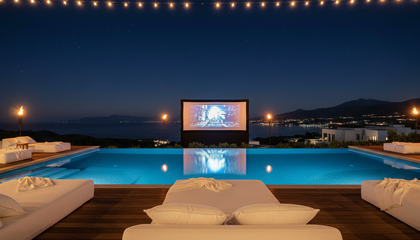 Outdoor cinema by an infinity pool at a luxury villa in Elounda