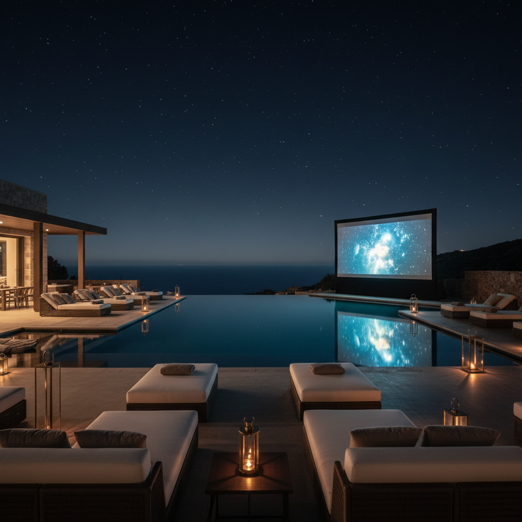 Outdoor cinema setup in Elounda, Crete