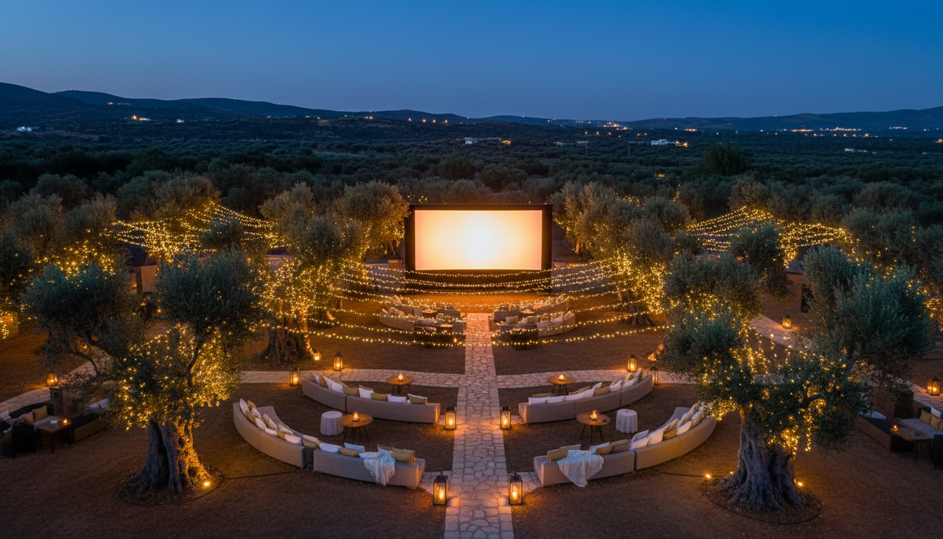 Aerial view of outdoor cinema in a Cretan olive grove at twilight