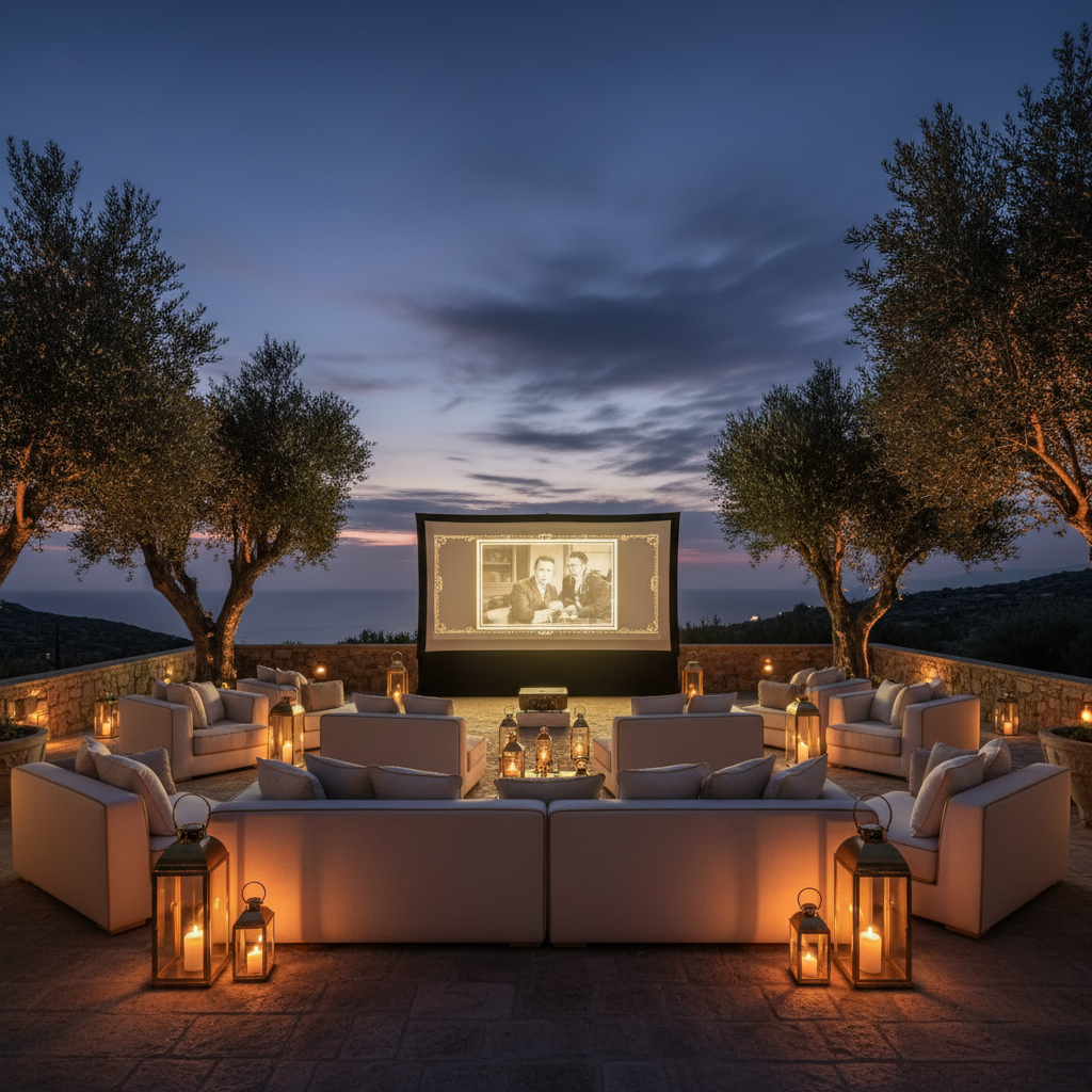 Outdoor cinema setup in Elounda, Crete