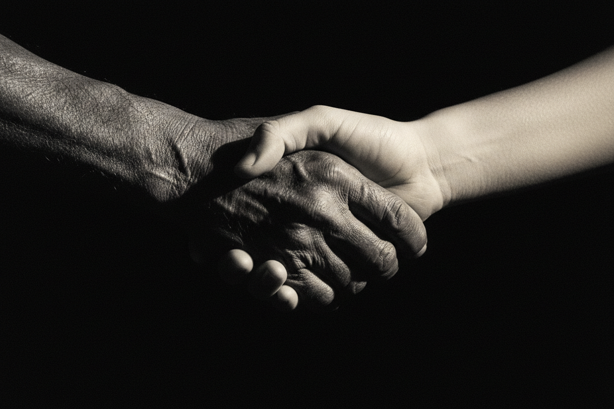 Two hands meeting — passing the torch of legacy