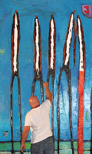 Elongated figures painting by William DeBilzan