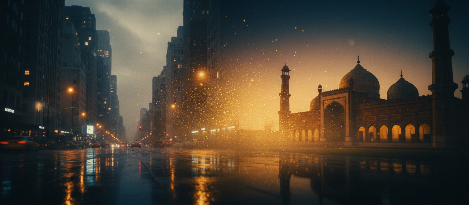 Cinematic blend of New York and Lahore at twilight