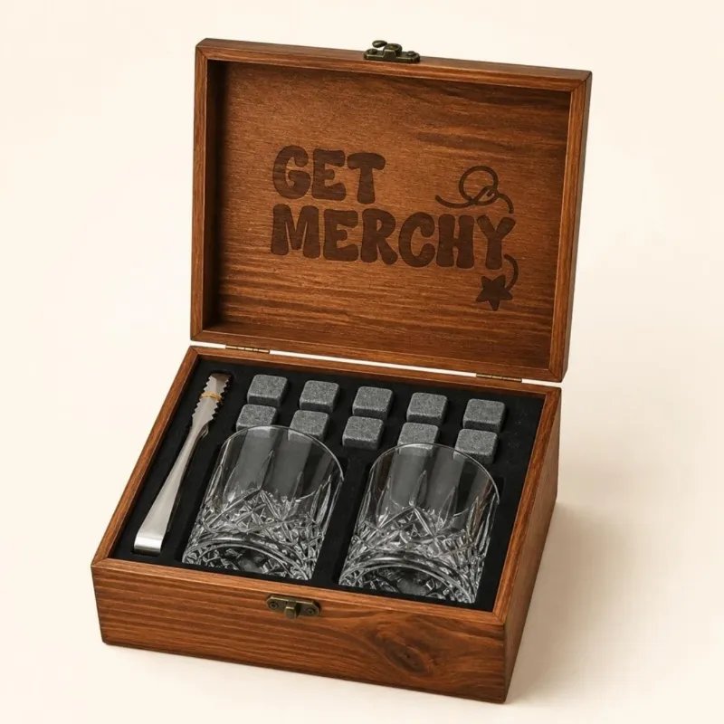 Whiskey Stones Set with Get Merchy logo