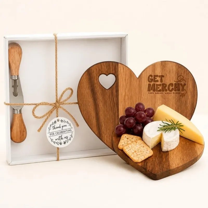 Heart Charcuterie Board with Get Merchy logo