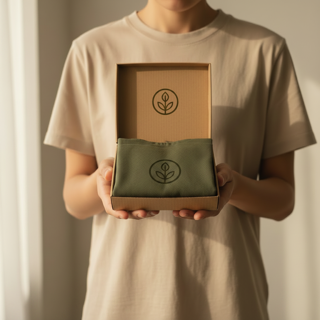 Person holding a small box with a folded garment