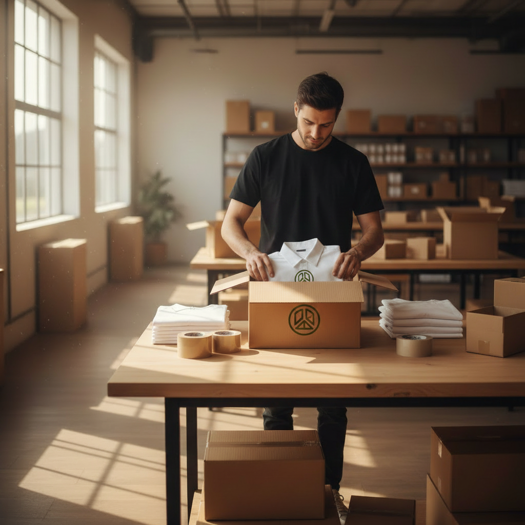 Person packing shirts into a box in a warehouse
