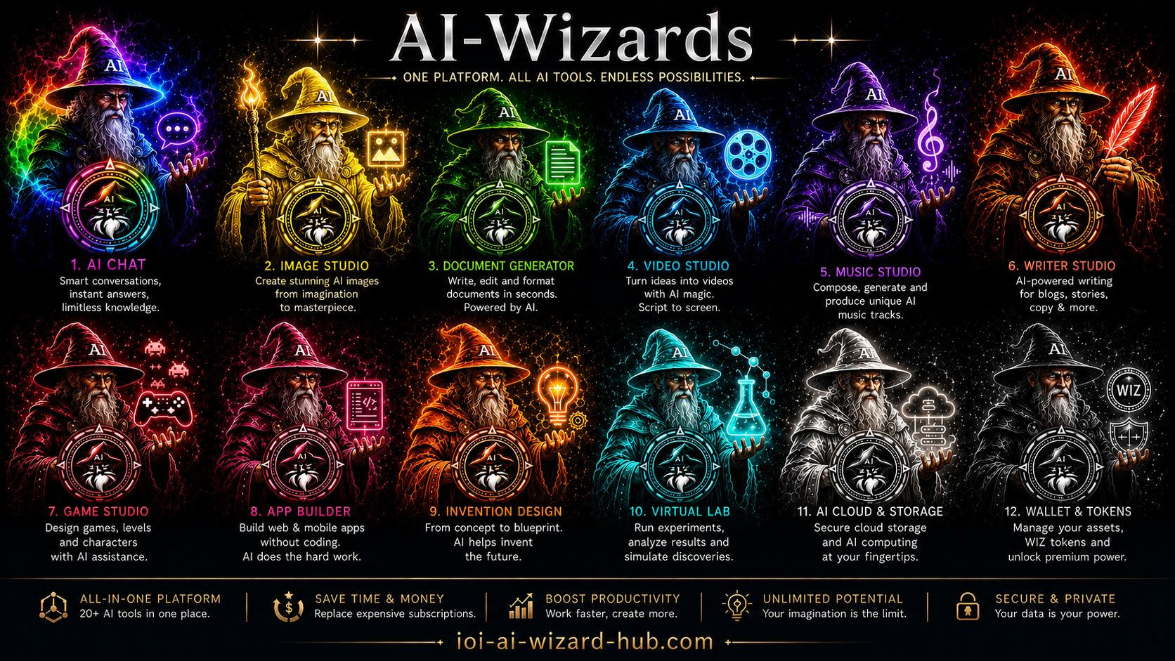 AI-Wizard 12 AI Tools Ecosystem — AI Chat, Image Studio, Video Studio, Music Studio, Game Studio, App Builder and more