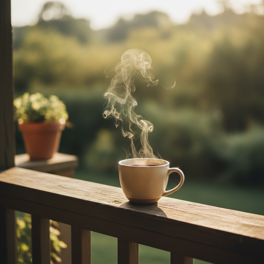 Having coffee on a porch