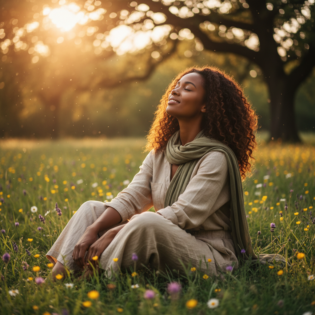 A person sitting peacefully in a sunlit meadow with eyes closed, turned toward the warm light