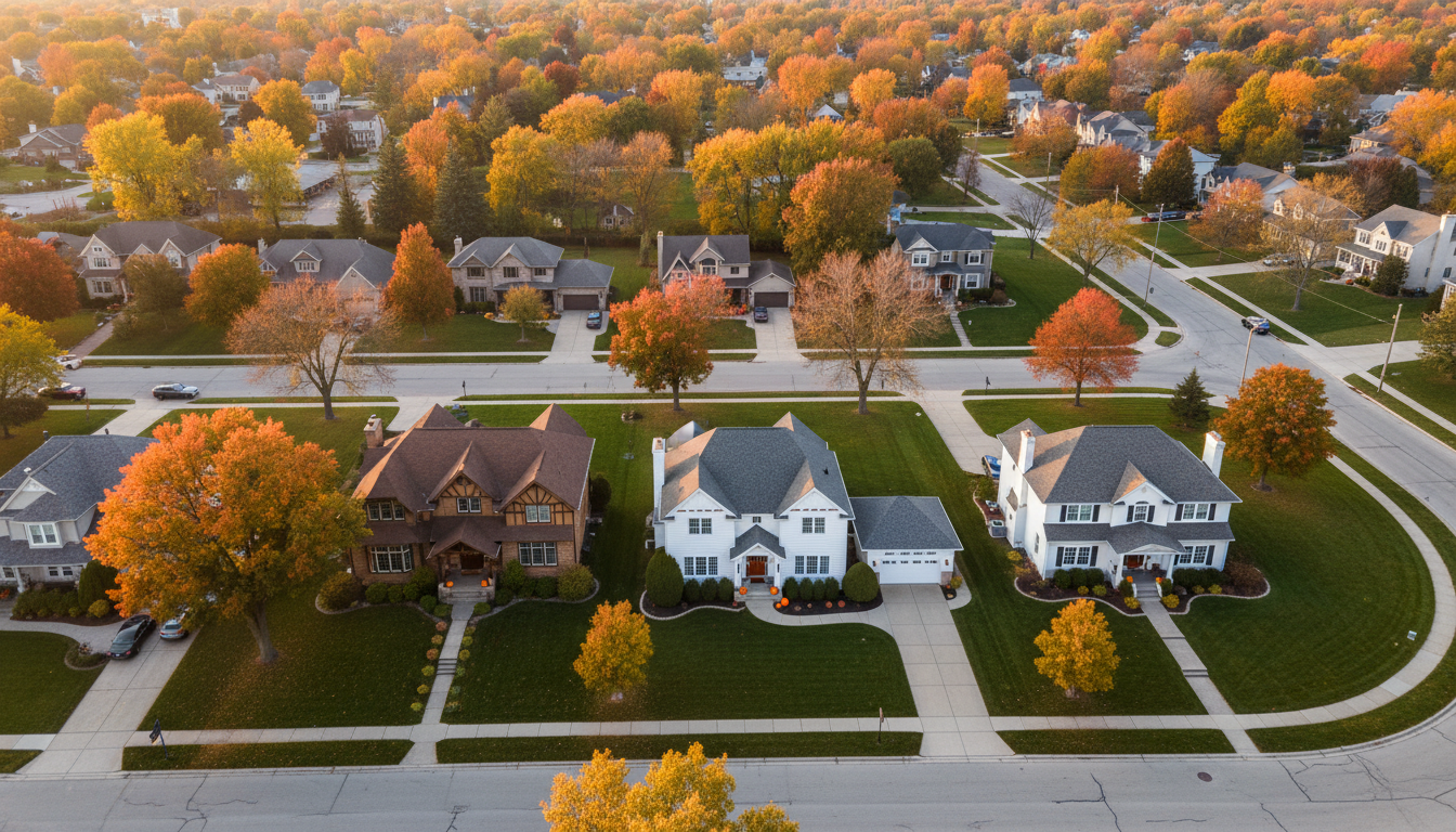 Aerial view of a beautiful Michigan neighborhood during golden hour