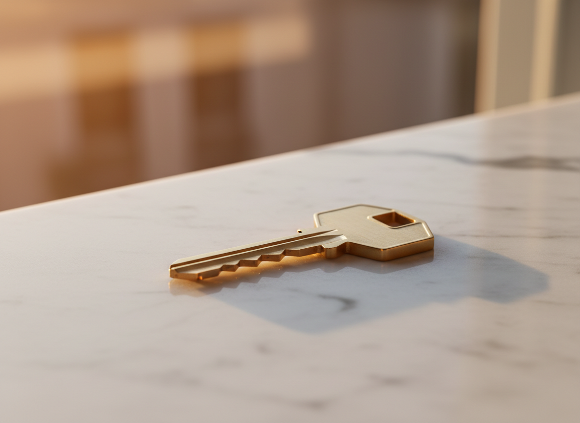 Modern brass key on marble surface symbolizing homeownership