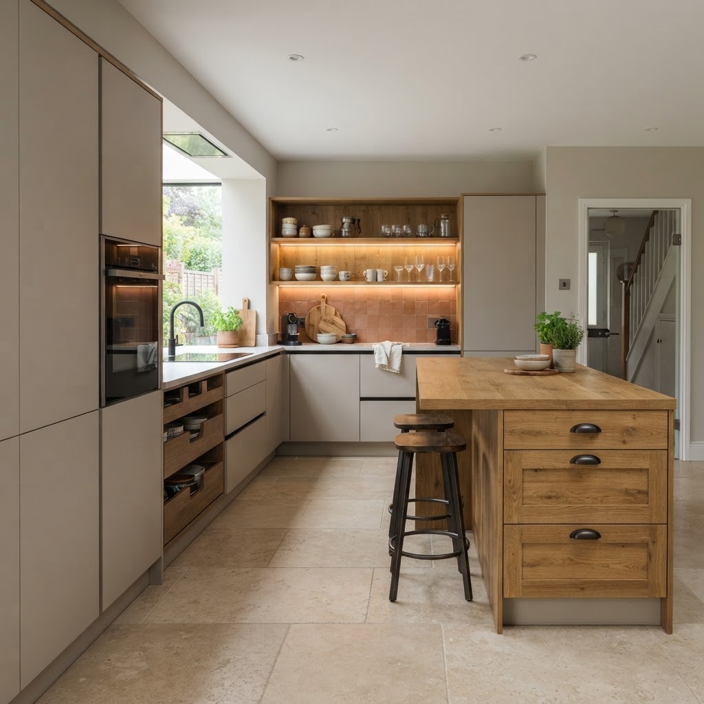 In home luxury kitchen design consultation focused on layout and storage