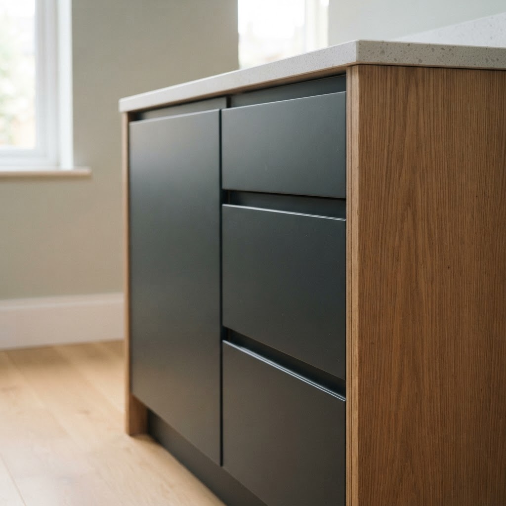 Kitchen project budgeting close-up of precise matt cabinetry and woodgrain detail