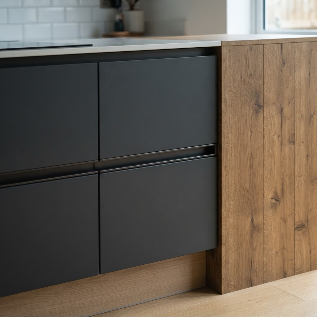German-engineered rail detail on made to measure handleless kitchen cabinets