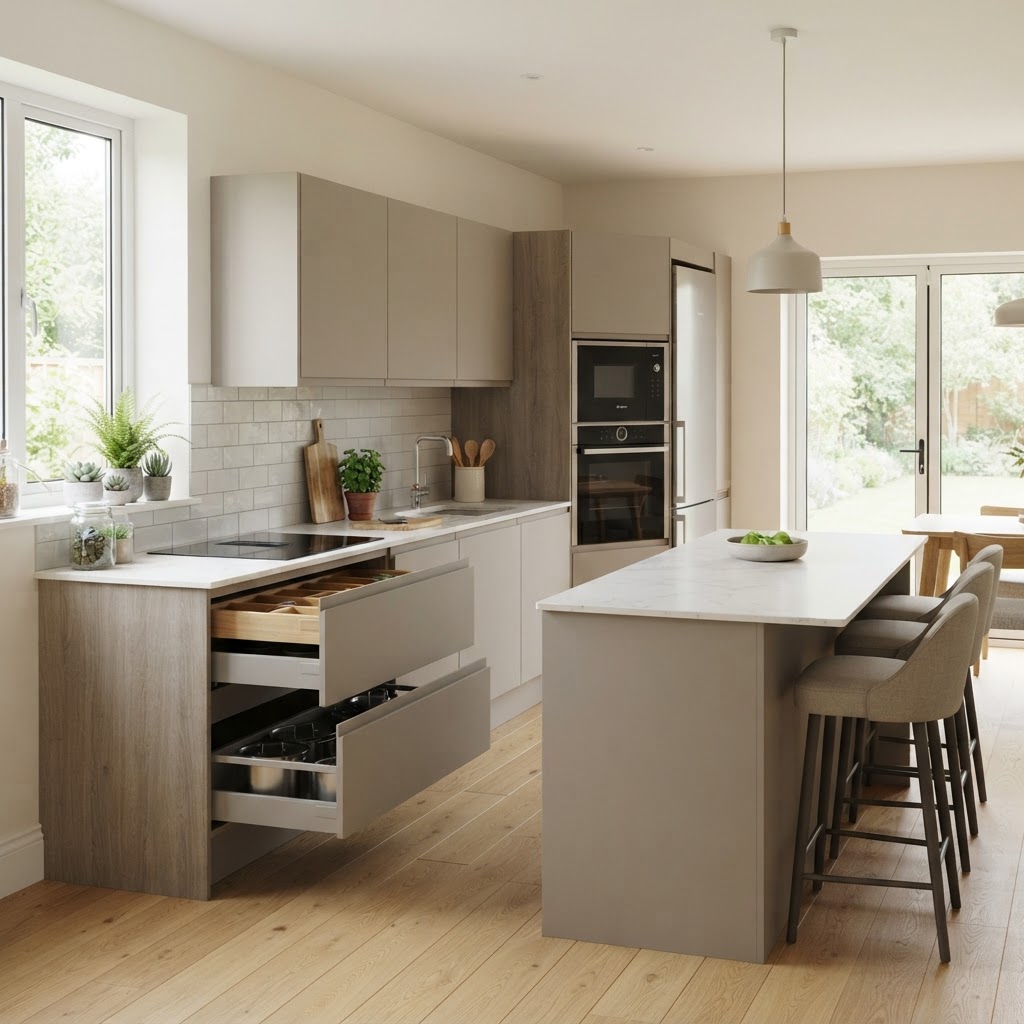 Schuller kitchen style alternative UK with matt handleless cabinetry and oak accents