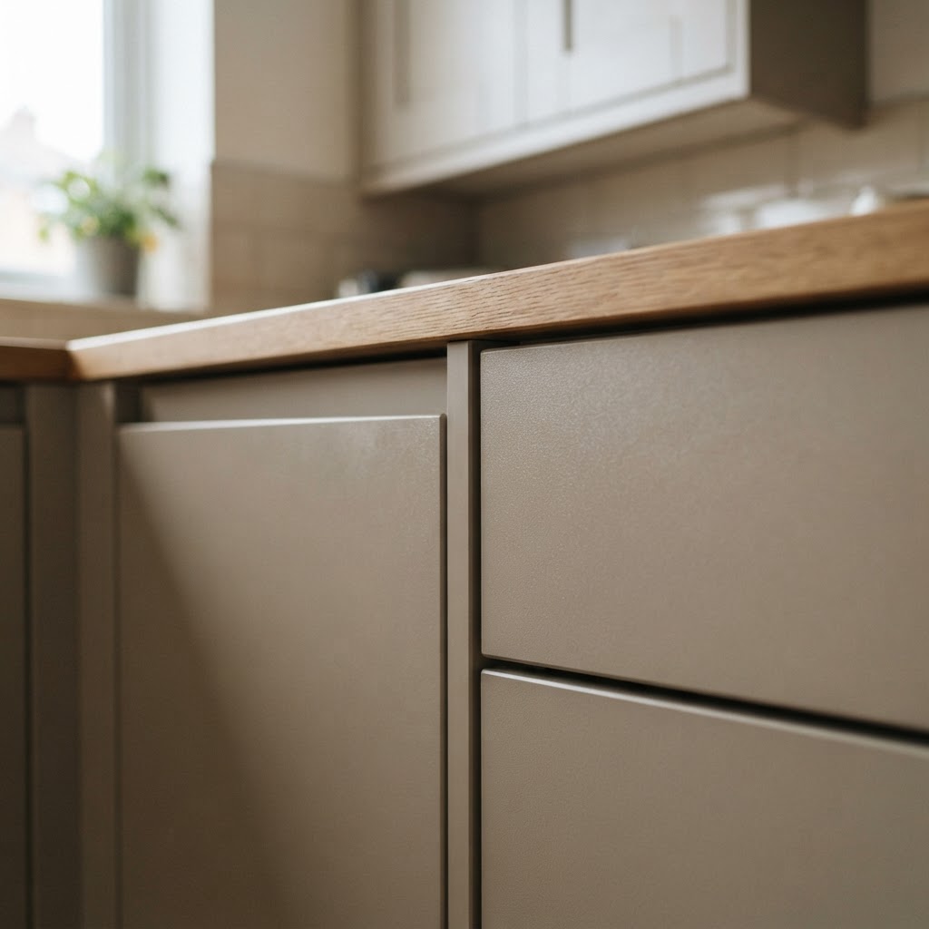 Close-up of durable matt finish kitchen cabinet doors and edges