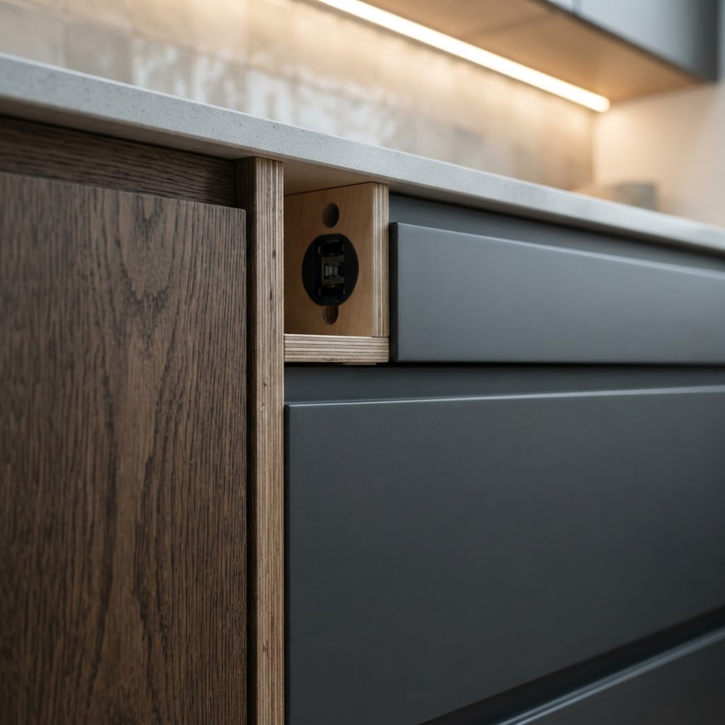 Close-up of bespoke kitchen cabinetry with precise fitted alignment
