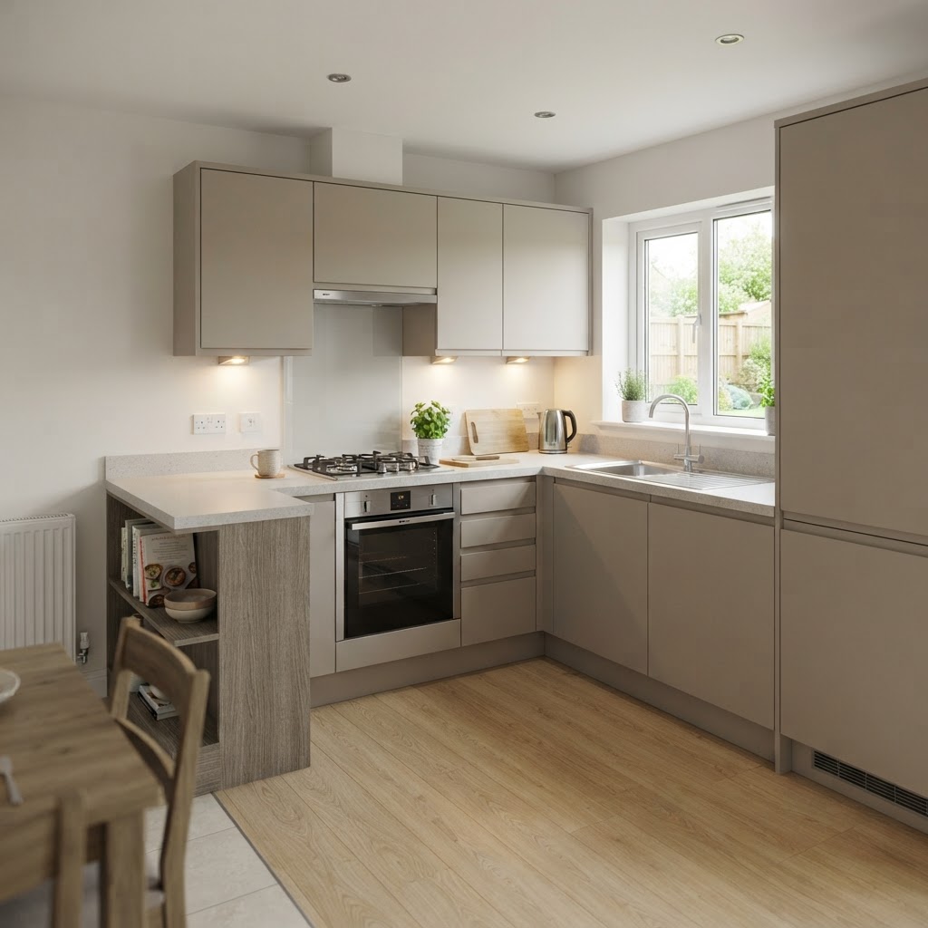 Modern UK kitchen with matt handleless cabinet doors and warm wood accents
