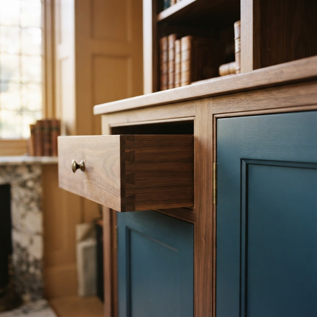 Close up of high quality German engineered kitchen cabinet joinery