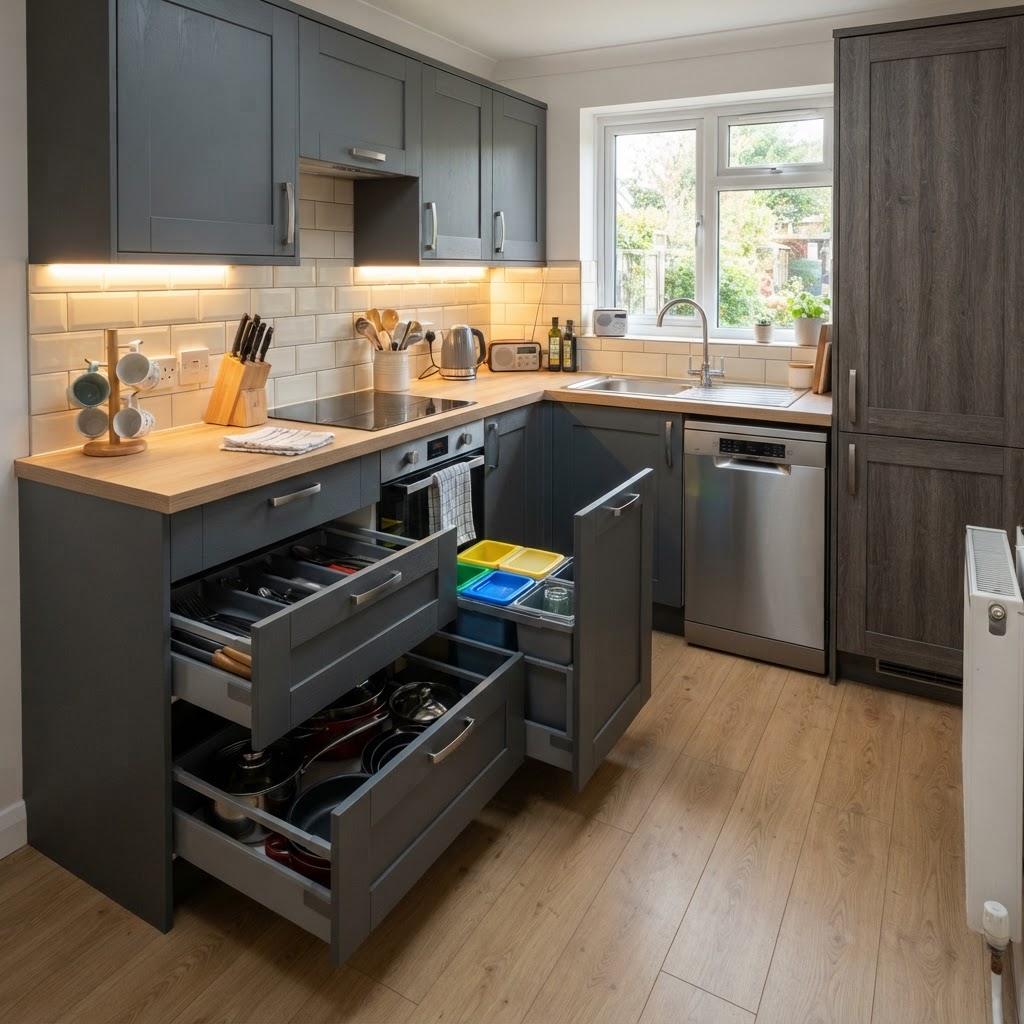 Kitchen project budgeting with smart drawer storage in a modern UK kitchen