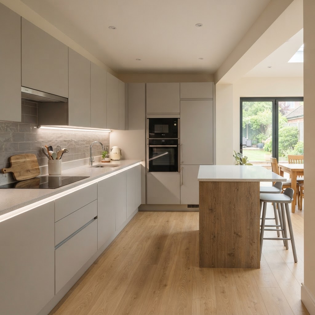 Modern UK kitchen showing a Schüller-style alternative with handleless cabinetry