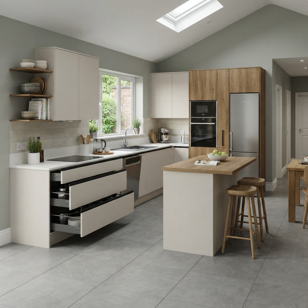 Made to measure handleless kitchen cabinets with practical drawer storage layout