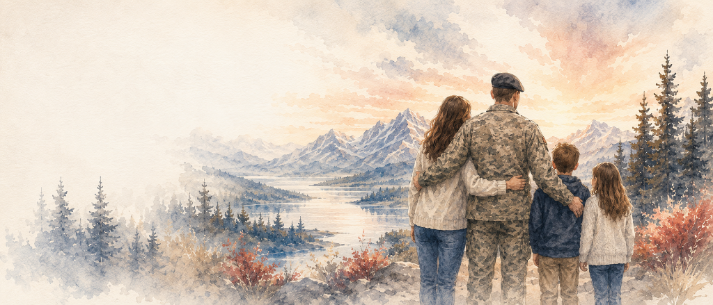 A veteran family looking out over a watercolour Canadian landscape at sunrise