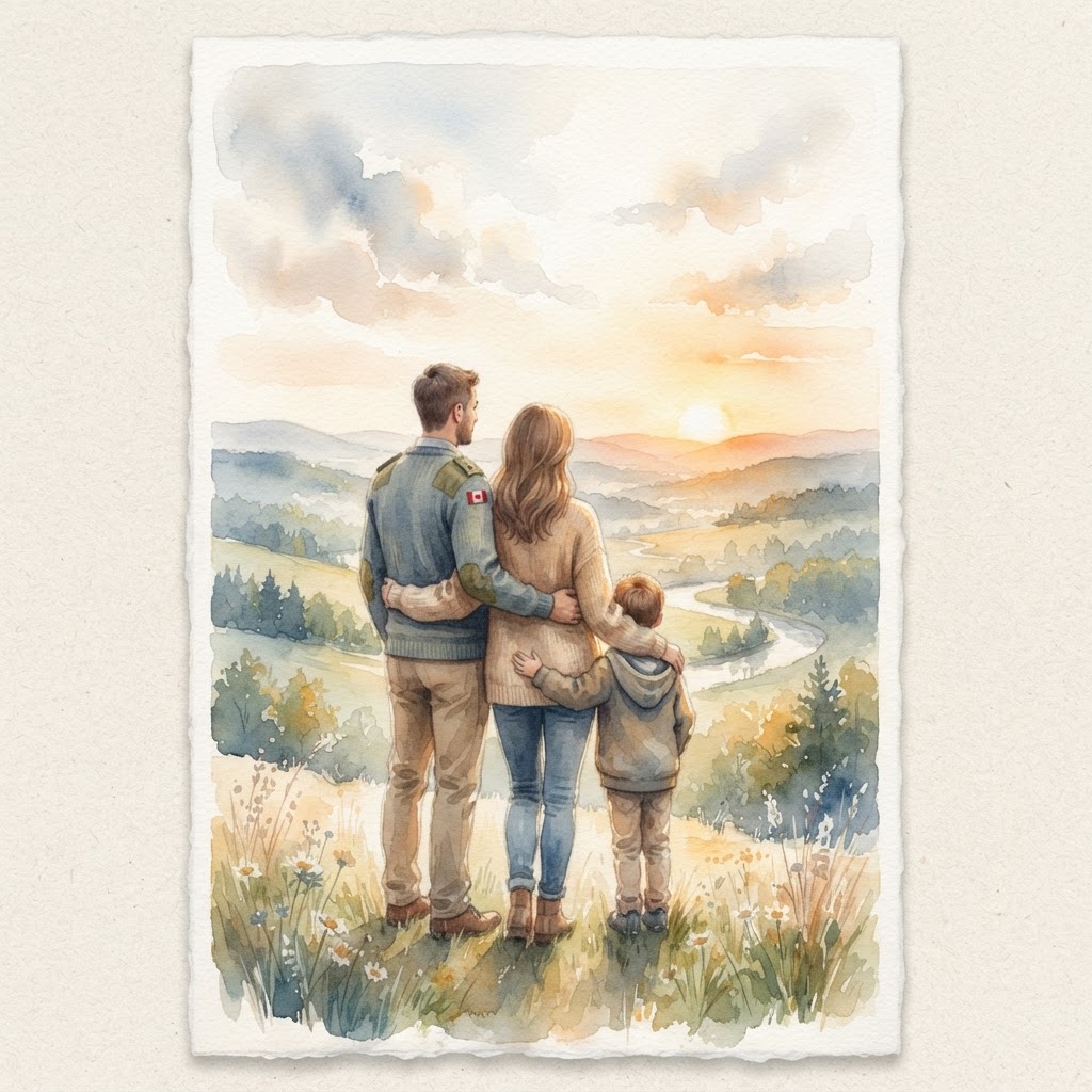 A veteran family looking out over a watercolour Canadian landscape at sunrise