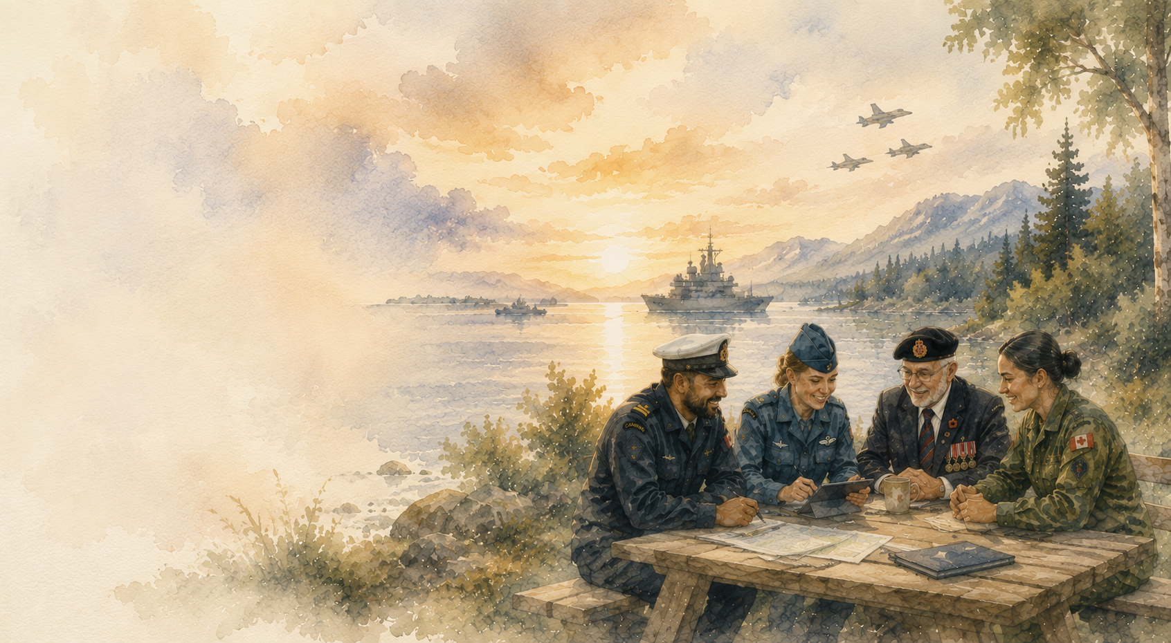 Watercolour illustration of Canadian serving members and a Veteran reviewing information together beside a coastal military setting.