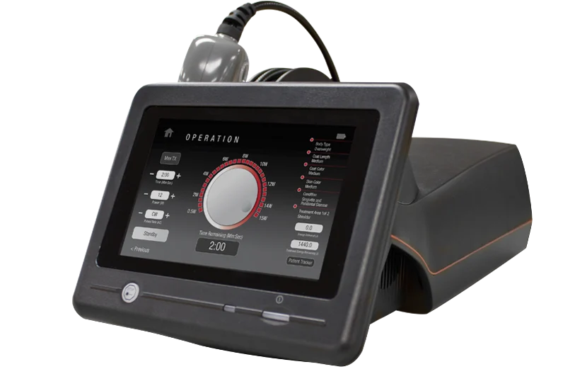 The Pegasus Class IV therapy laser unit with handheld applicator and touchscreen operation display