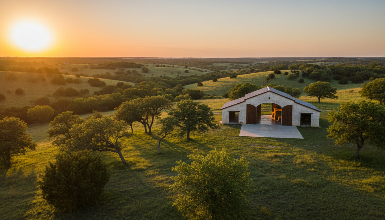 Texas Hill Country barn at golden hour
