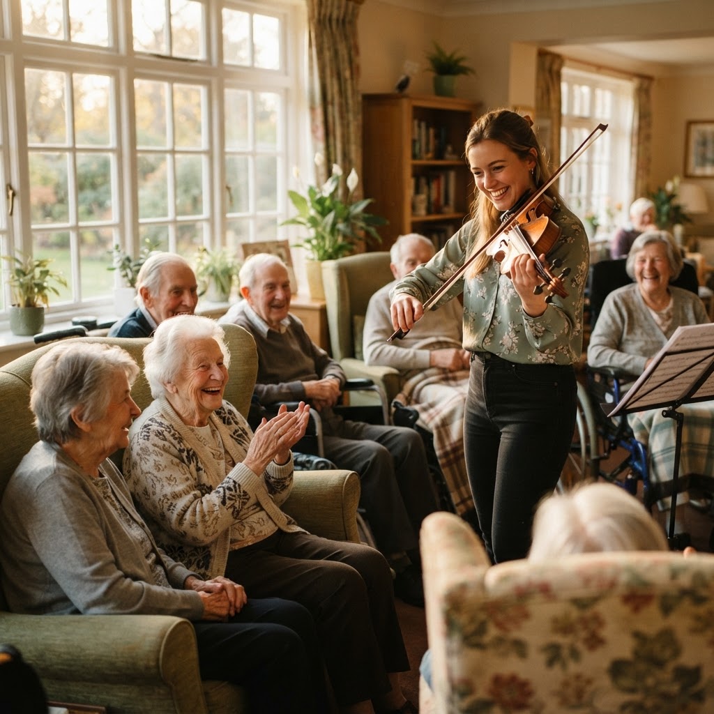 A young musician performing violin for residents at a senior living home